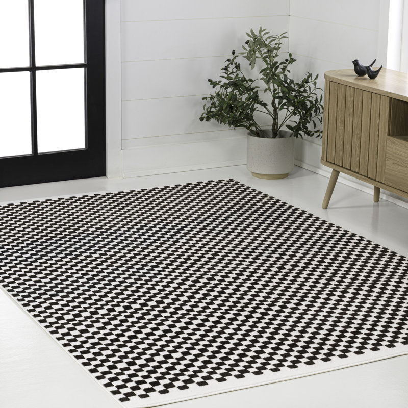 Finn High-Low Modern Minimalist Checkered Monotone Black/White Rug, Rectangle 2'11" x 5'