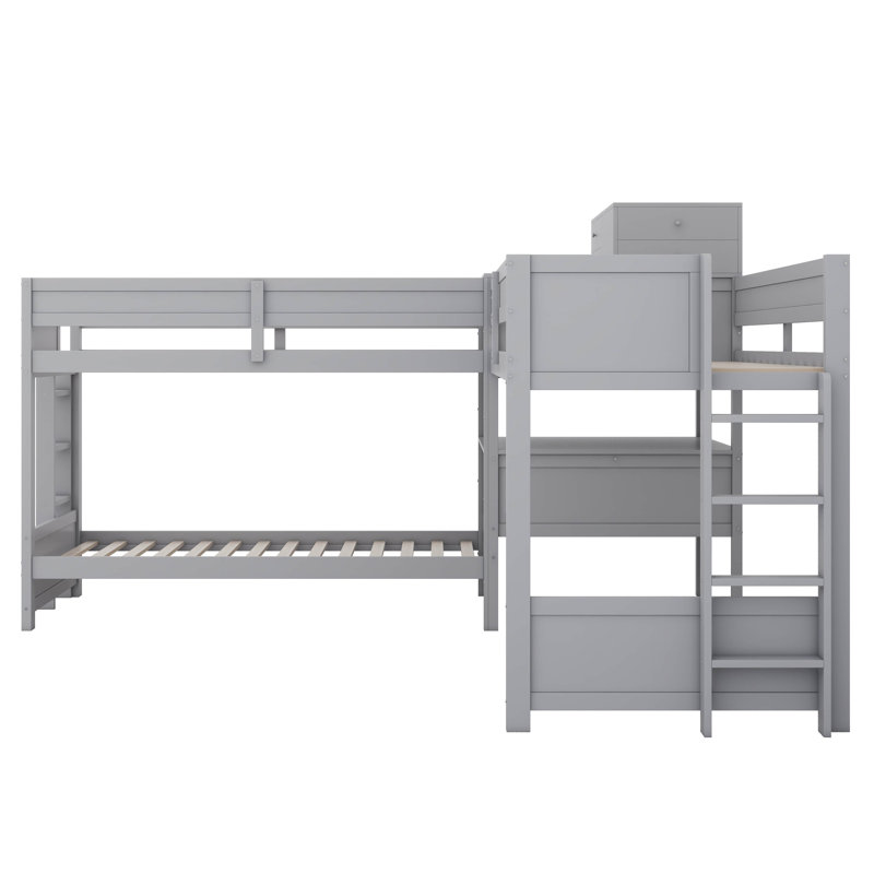 Lit simple superposé en forme de L avec bureau et tiroirs de rangement, lit superposé peu encombrant, Gris