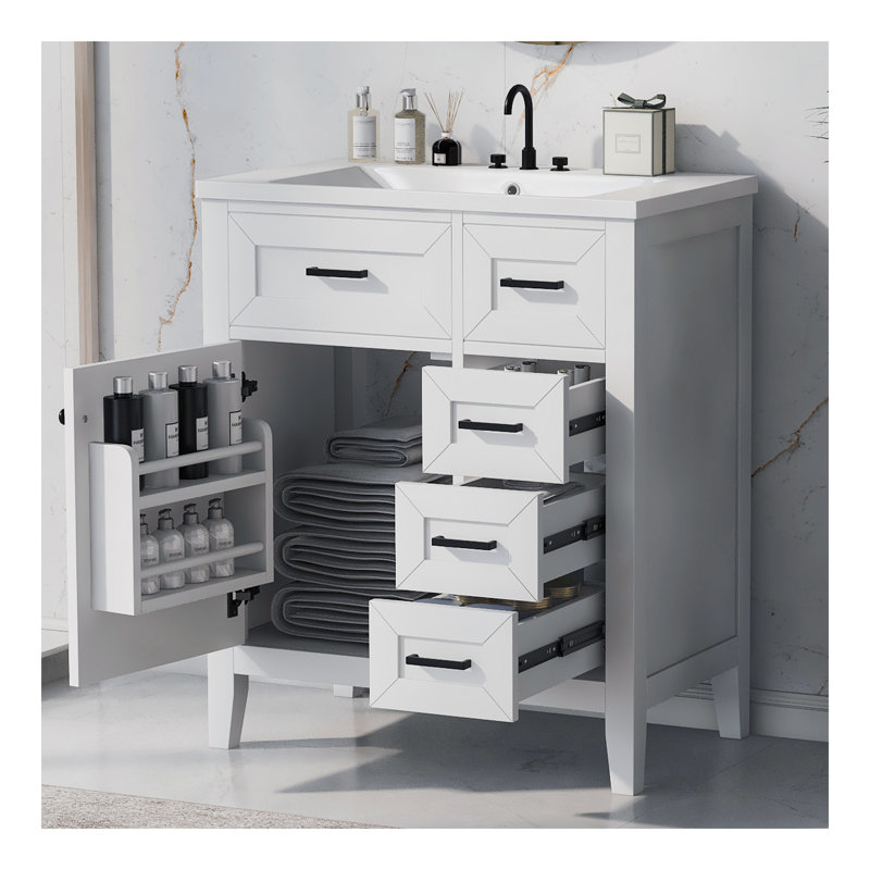 Ensemble de meuble-lavabo avec lavabo, armoire de salle de bain avec tiroirs, structure solide et panneau de fibres à densité moyenne