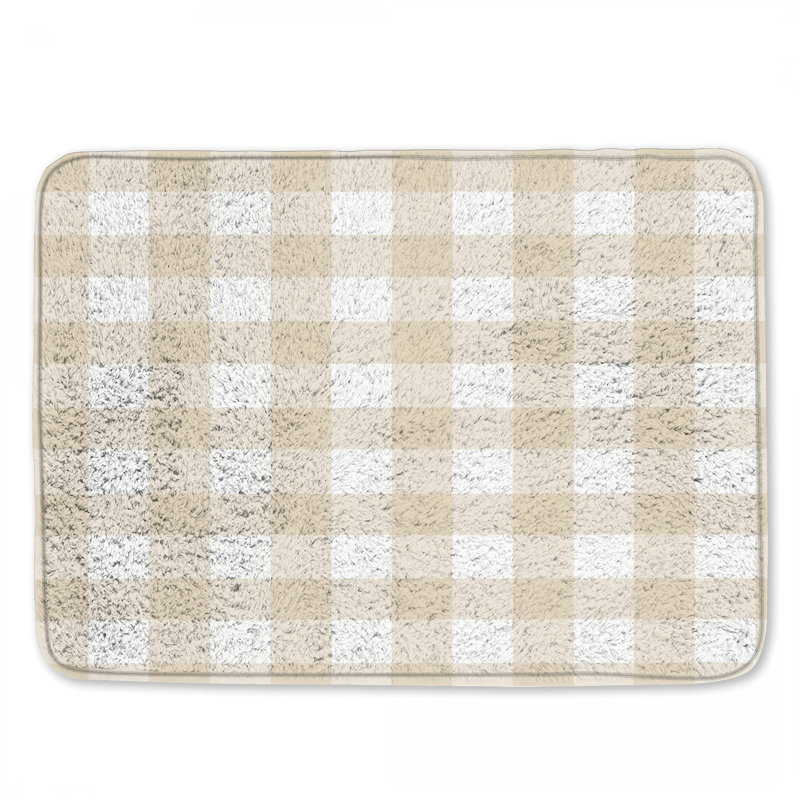 Beige White Gingham Pattern Bath Mat, 34in W x 21in L