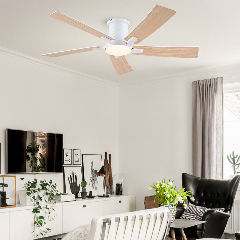 Ventilateur de plafond encastré blanc mat moderne 52 po avec DEL intégrées, télécommande et 5 pales deux tons, Blanc