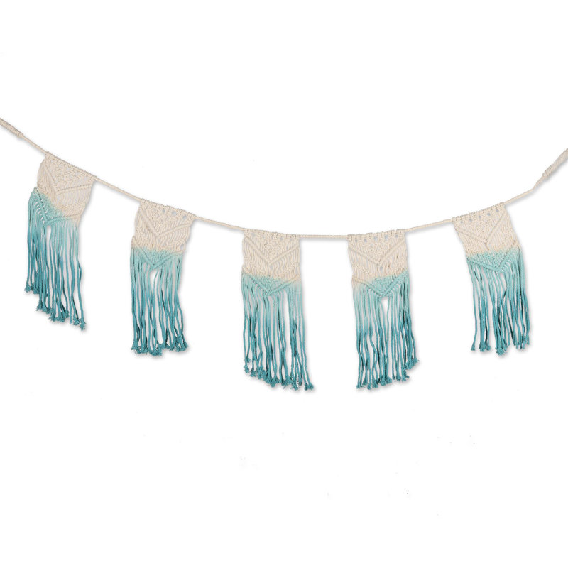 Bruant étoilé en macramé de coton, Bleu, H 11 po x l 34,5 po