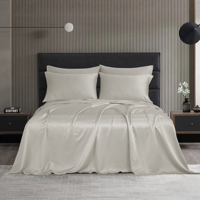 Modern Threads 6-Piece Satin Sheet Set with Deep Pocket Fitted Sheet, 4 Pillowcases, and Organizer, Gray