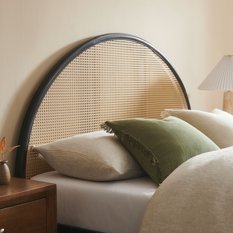 Black Queen Wood Frame Platform Bed with Arched Rattan Cane Headboard