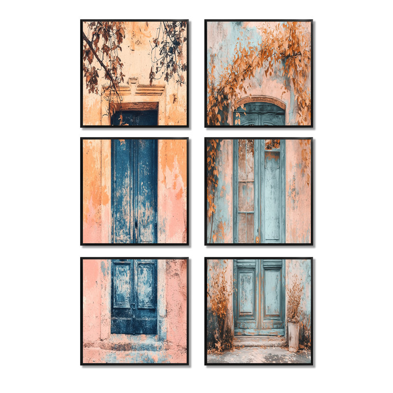 Porte bleue parisienne en pastel rose - ensemble d'art mural Paris de 6, Impression encadrée sans passe-partout, Noir