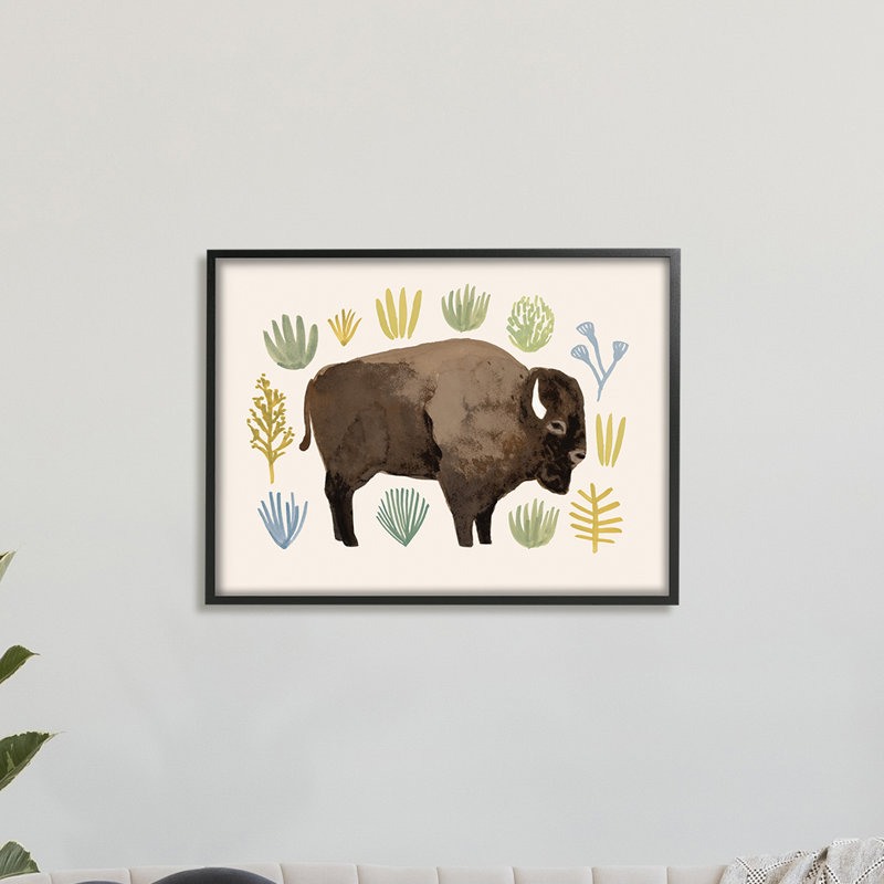 Buffle à cornes brun vert terre cuite, H 11 po x l 14 po, Giclée encadrée noir minuit