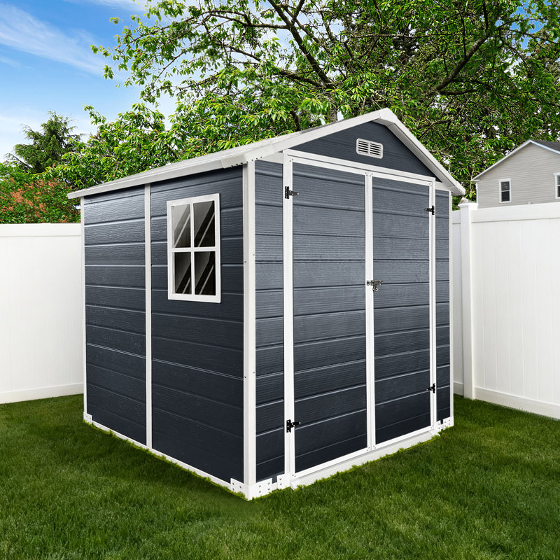 Rangement extérieur en plastique avec plancher, porte verrouillable, fenêtres et évents, gris, gris stable et léger, idéal pour le rangement de patio,