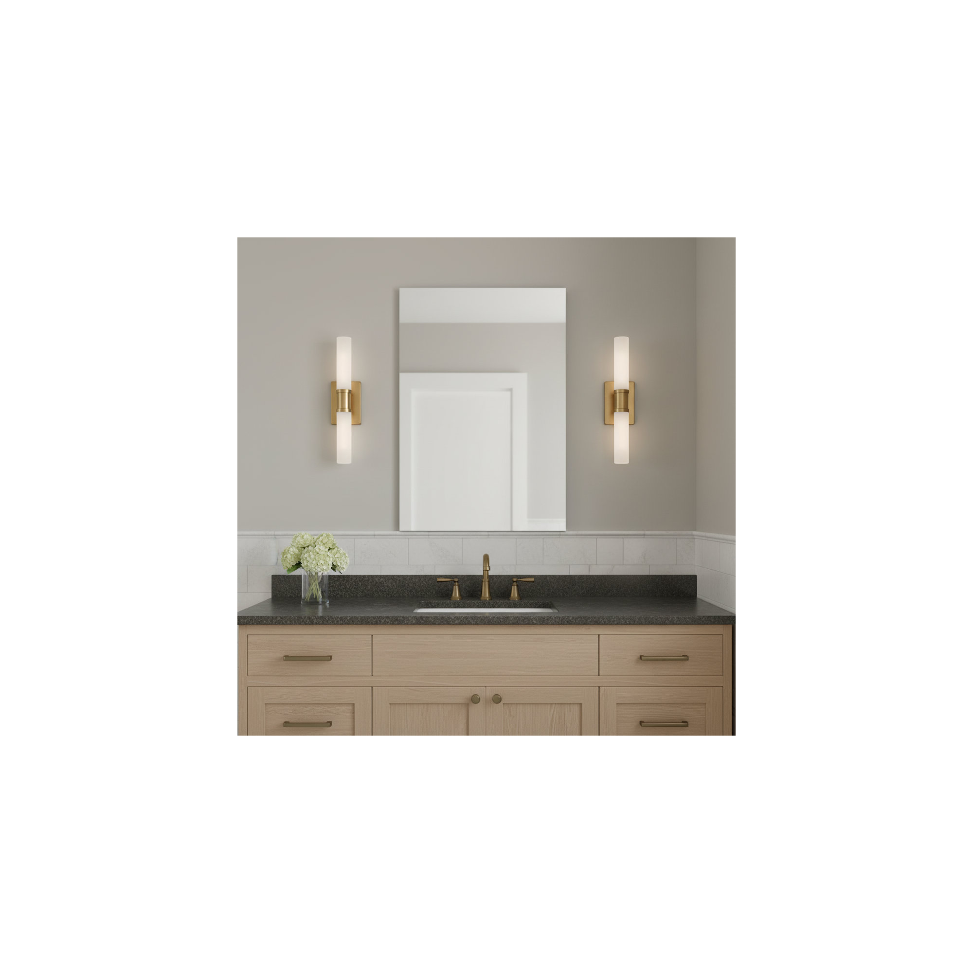 Evelien 2 Light Frosted Dimmable Vanity Light, Satin Brass, 20" H x 5" W x 3.63" D, 60 W