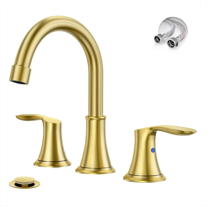 Brushed Gold Widespread 8 Inch 3 Holes Bathroom Faucet，2 Handles Modern Bathroom Sink Faucet With Metal Pop-Up Drain