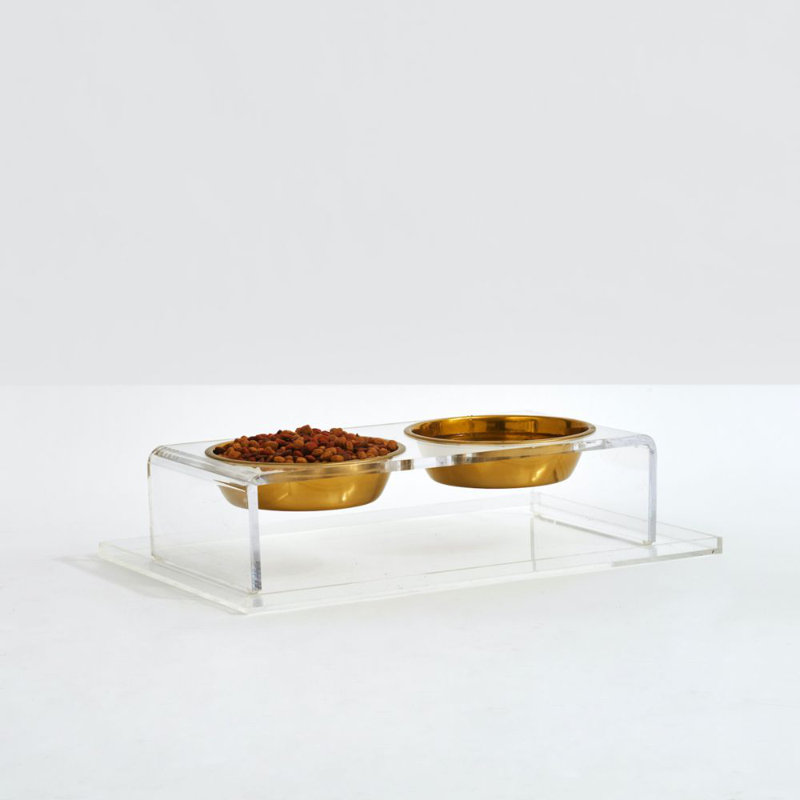 Small Clear Acrylic Double Pet Feeder with Gold Bowls