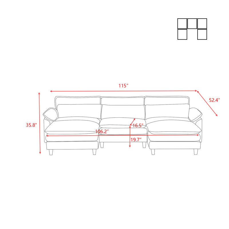 3 Seater Modular Sectional Sofa Large U Shaped With Ottoman, Beige