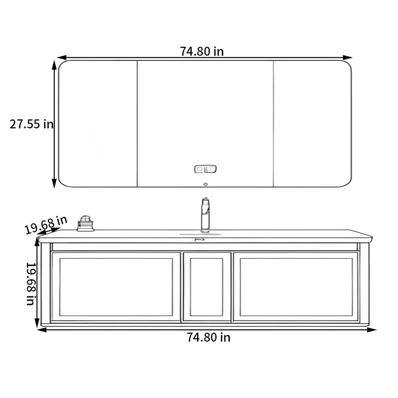 Armoire de salle de bain française, H 19,68 po x l 74,8 po x P 19,68 po