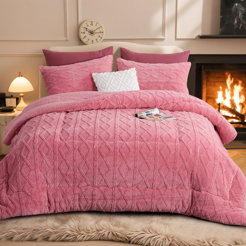 Sherpa Fleece Comforter, Reversible Flannel Blanket, 3D Jacquard Design, Pink, Twin Comforter