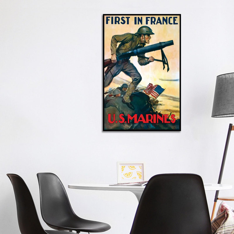WWI Poster of Marines Charging into Battle Behind the American Flag 1 Piece Wrapped Canvas Wall Art