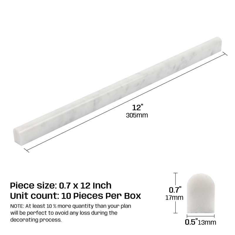 Doublure de crayon en marbre blanc de Carrare Adolif, bord en tuile bullnose polie 1/2 po x 12 po, 10 pièces