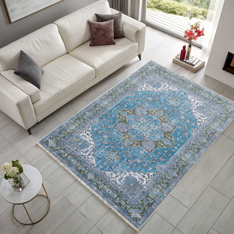 Chenille en coton bleu antidérapant Kilim, Rectangle 5 pi 3 po x 8 pi 3 po