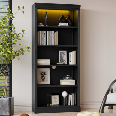 Tall Wood Bookcase With Light Strip,5-Tier Decor Bookshelves With Adjustable Shelves,Storage Organizer For Cds/Books/Movies,Free Standing Storage Shelves For Living Room,Home Office (Cabinet)