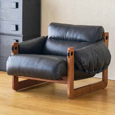 Faux Leather Accent Chair with Solid Wood Frame, Modern Comfy Reading Armchair for Living Room Bedroom