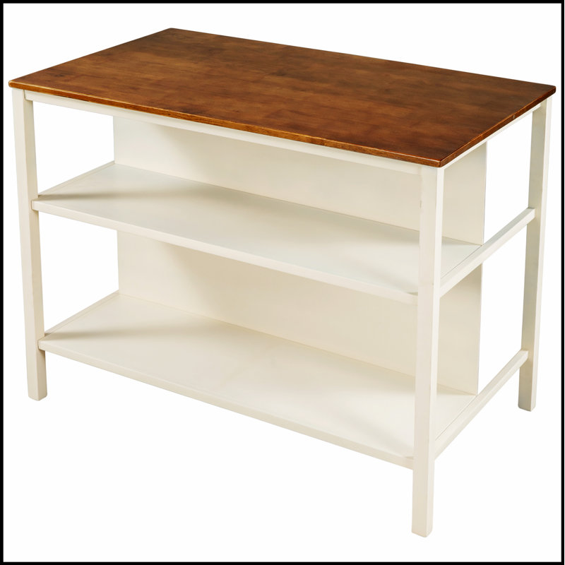Solid Wood Rustic 45 Inch Stationary Kitchen Island with Butcher Block, 2 Open Shelves for Small Spaces and Dining