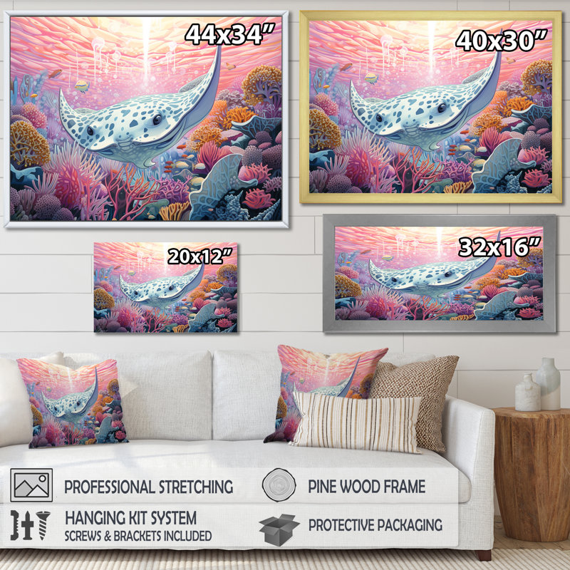 «Manta Rays Drifters Landscape II», reproduction d'art sur toile, H 16 po x l 32 po, Cadre flottant blanc