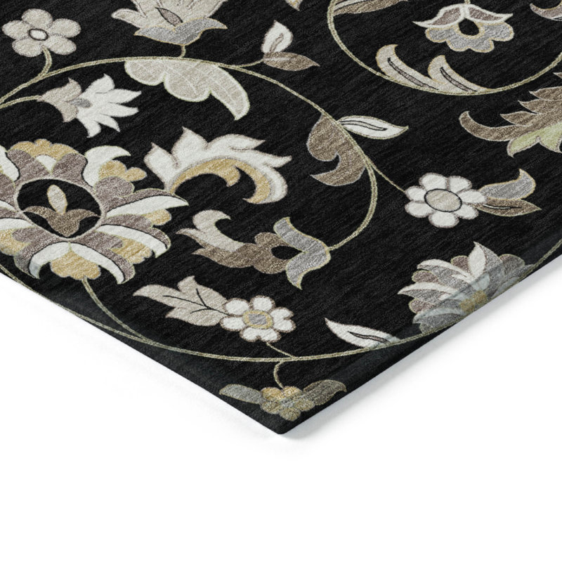 Tapis intérieur lavable extérieur floral 3 pi x 5 pi noir