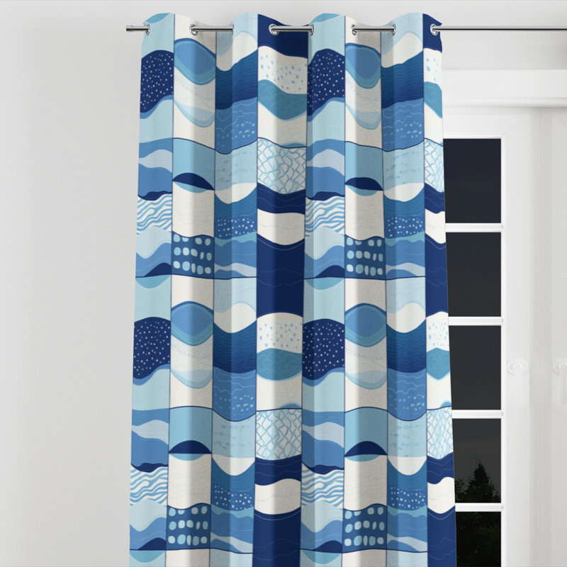 Patchwork Room Darkening Curtains - Blue Ocean Quilt Grommet Curtain - 1 Panel, 52" W x 90" L, Silver Grommets