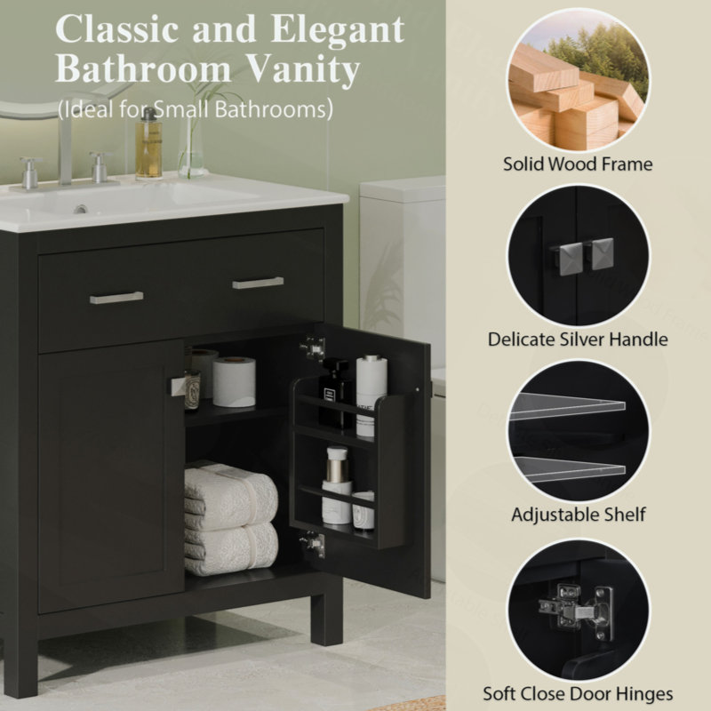Meuble-lavabo de 30 po avec lavabo en céramique, armoire de salle de bain simple moderne avec 2 portes et une tablette, portes à fermeture douce