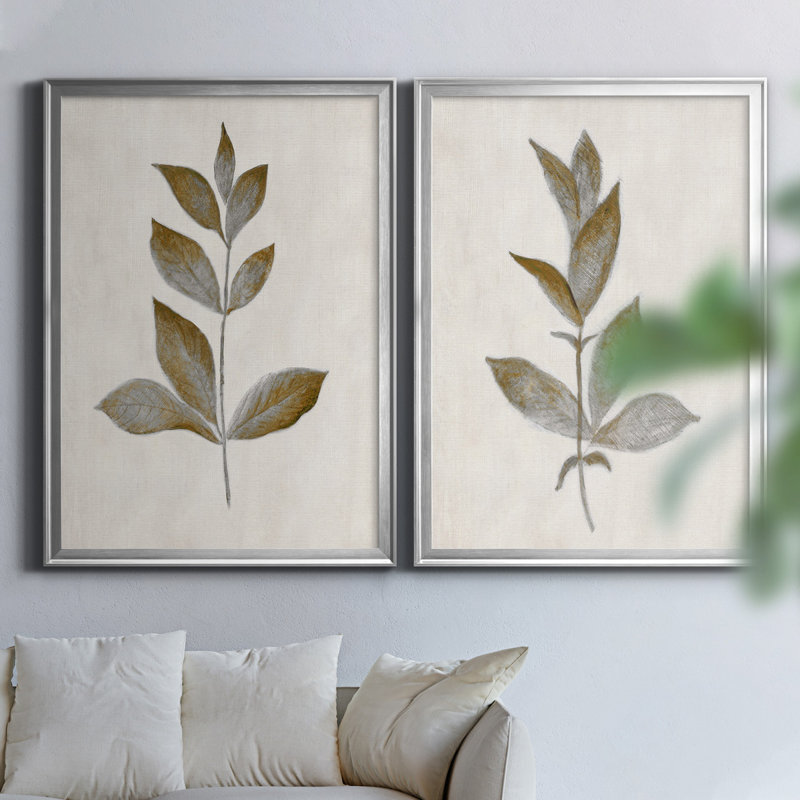 Bronze Leaf I - ensemble de 2 reproductions, Toile encadrée, H 18,5 po x l 49 po, Argent argent