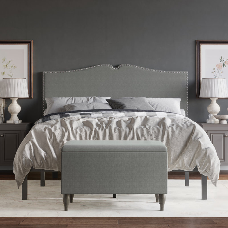 Koden Upholstered Panel Bed With Storage Bench, Full, Light Grey