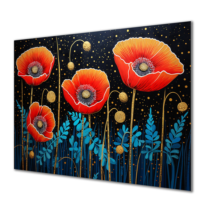 Quatre coquelicots seuls dans la nuit - salon d'art mural coquelicots, Métal métal, H 24 po x l 32 po x P 1 po