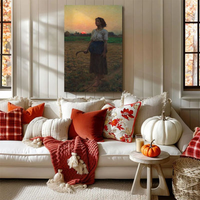 1 piece framed Almaraz painting of a peasant woman harvesting, sunset field, in a realistic oil painting style. Decorative vintage wall poster for home decor, modern artwork perfect for bedroom or living room