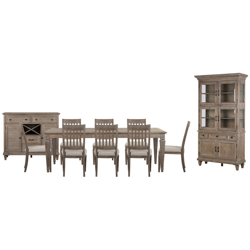 Extendable Rectangular Dining Table With 8 Side Chairs Server And Dining Cabinet, Brown/Beige