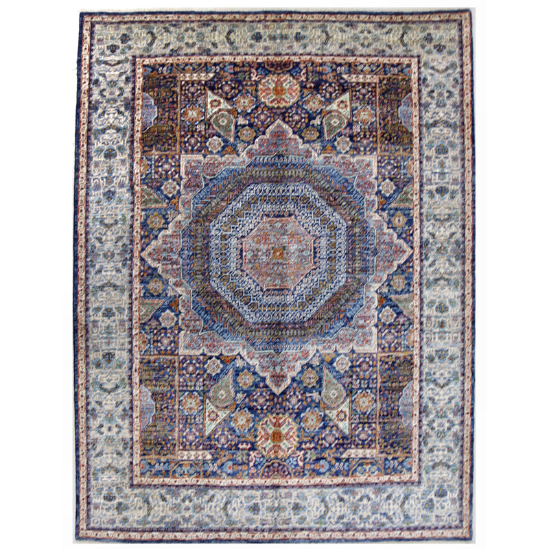 Tapis bleu marine et bleu de haute qualité noué à la main