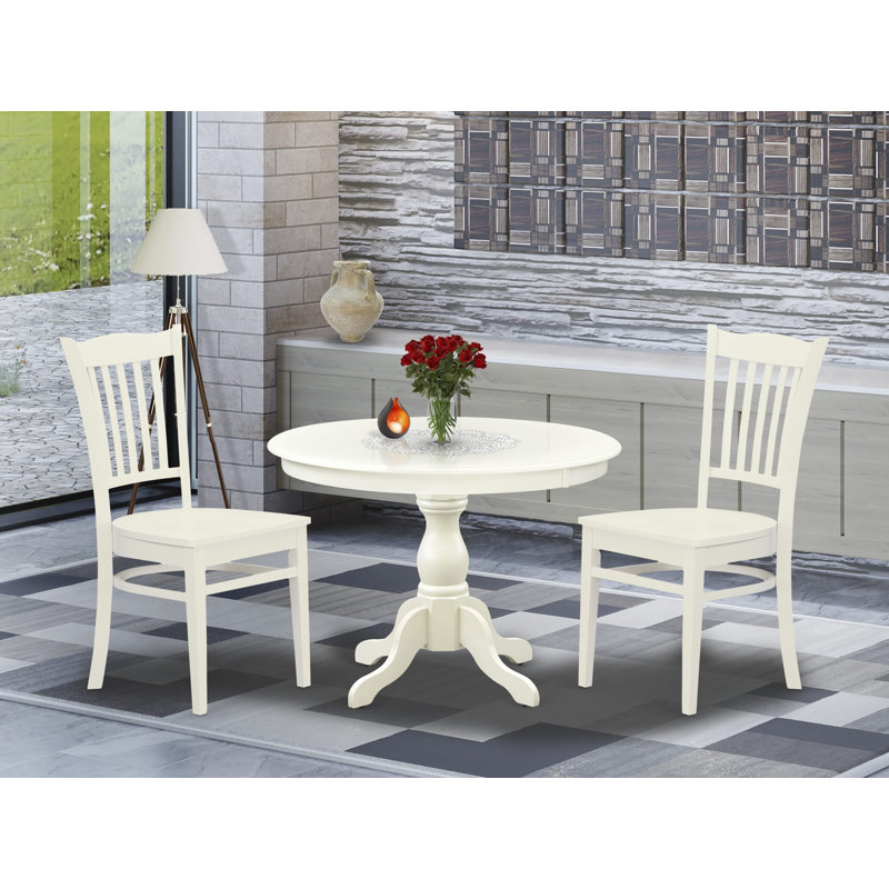 Ensemble de table de cuisine 3 pièces pour petits espaces comprenant une table ronde avec piédestal et 2 chaises de salle à manger, lin blanc
