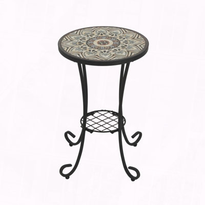 Patio Side Table With Shelf, Brown And Black. Ceramic Tile Tabletop. Powder-Coated Steel Frame. 14"X21.94". For Home. Assembly Required Shelf In Brown+Black. Top Unique Design. 14"X14"X21.94".