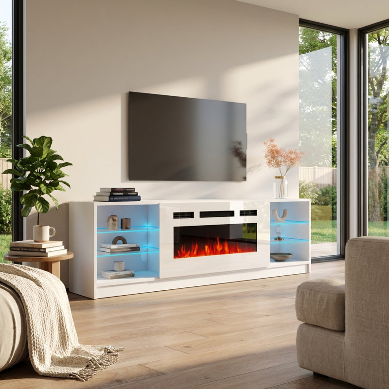 78.7" Modern TV Stand with Electric Fireplace, High Gloss Finish, Media Storage, White