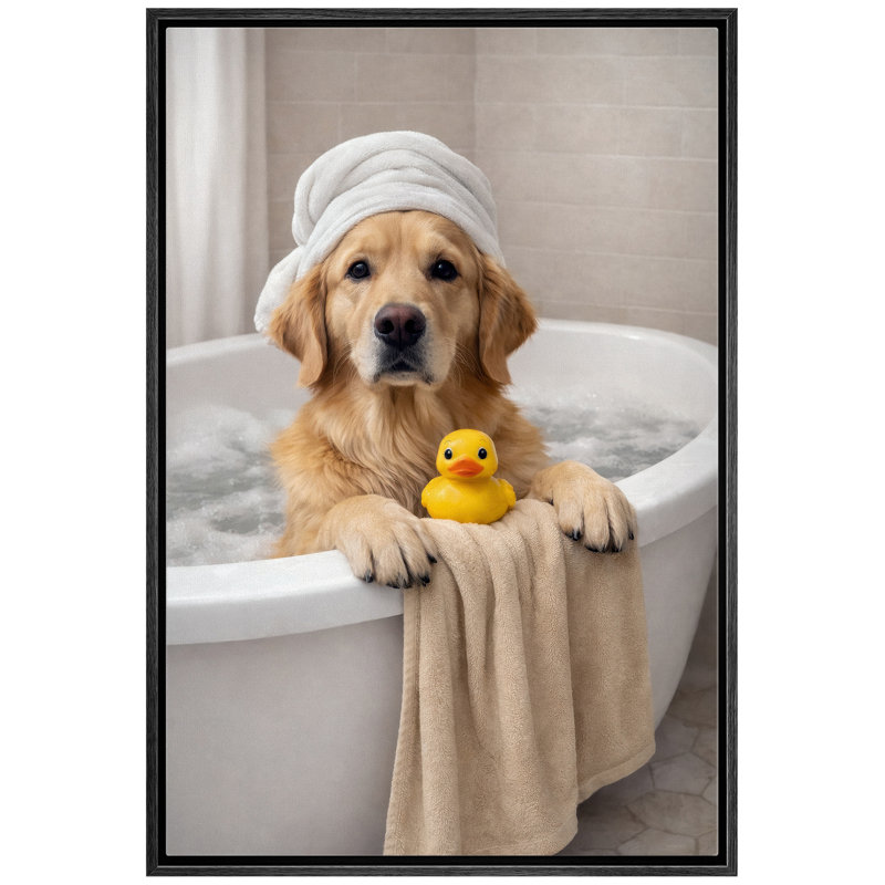 Mignon Golden Retriever Bath Time Duck, impression sur toile, impression sur toile encadrée, H 36 po x l 24 po x P 1,5 po