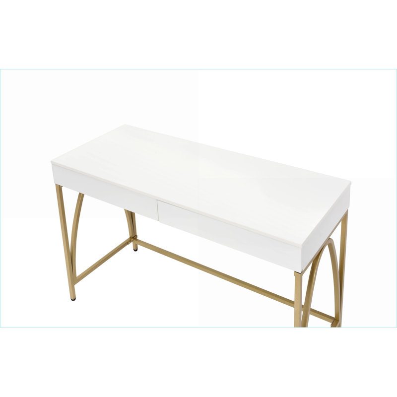 Bureaux, bureau moderne blanc brillant à 2 tiroirs, pieds en métal doré | Blanc, métal