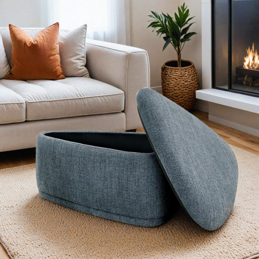 Adna 44" Storage Ottoman, Mellow Steel Blue Chenille