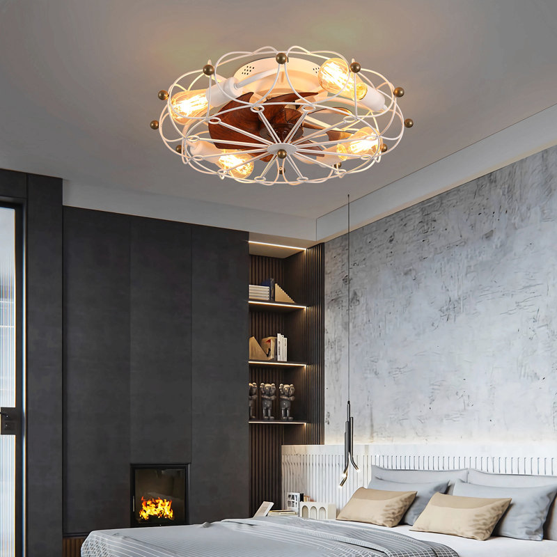 Ventilateur de plafond à profil bas avec télécommande et lumières, ventilateur de plafond industriel moderne intégré, Blanc