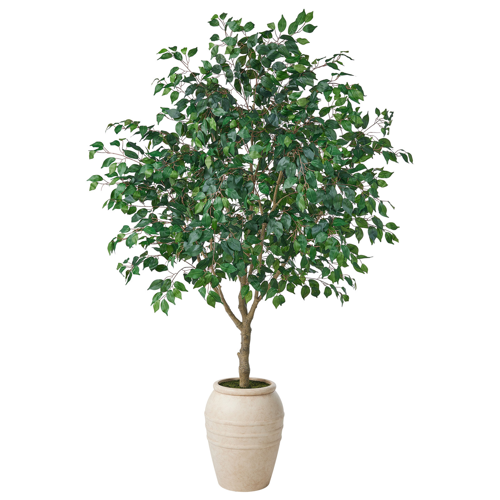 Grand 8Ft-9Ft Artificial Weeping Ficus Tree In Hand-Finished Antique Stone Jar Planter - High-Density Lush Faux Tree For Tuscan Style Grand Rooms & High Ceilings