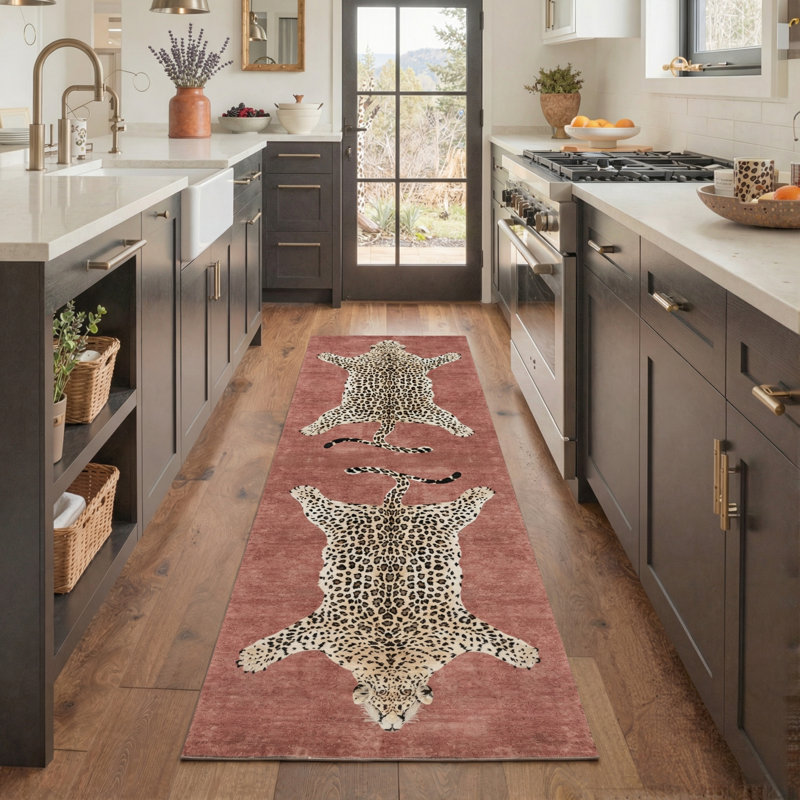 Alinda Lynx Animal Print Machine Washable Red / Brown / Beige Indoor Area Rug with Non-Slip Backing, Runner 2' x 6'
