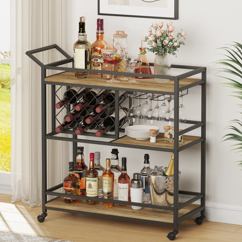 Guinna Metal Bar Cart, Rustic Oak, Black