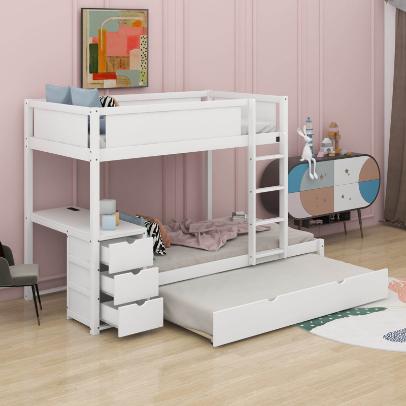 Lit superposé simple au-dessus de simple avec lit gigogne et bureau, Blanc