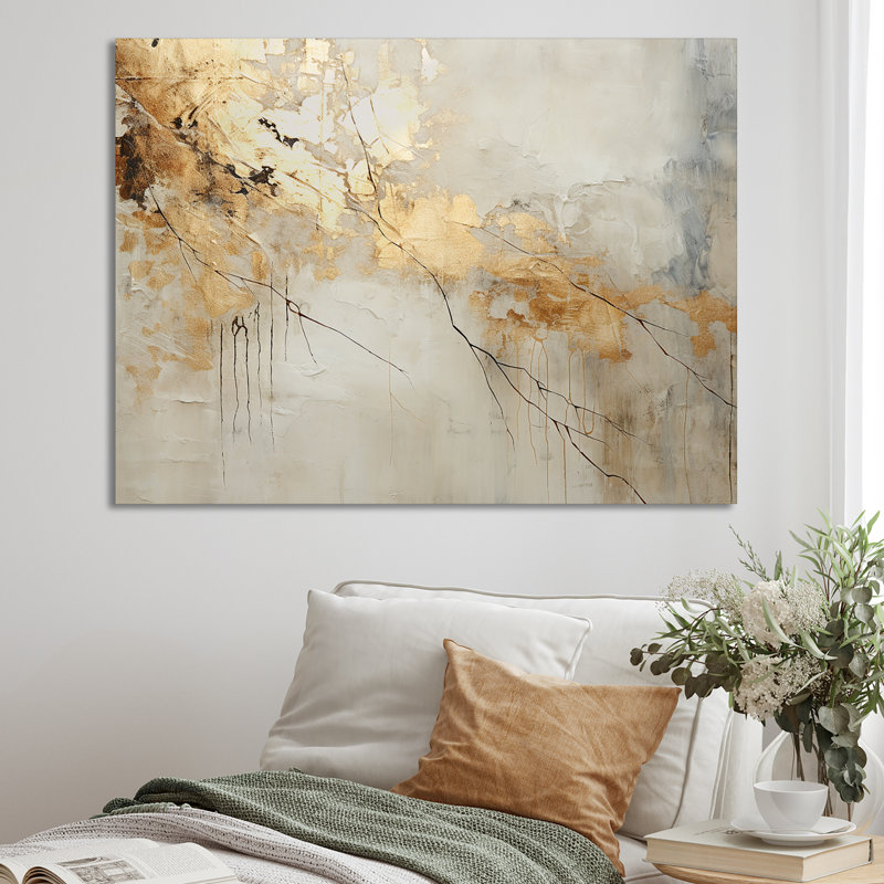 Art mural grand beige et or VI - formes abstraites, Toile tendue, H 24 po x l 32 po x P 1 po
