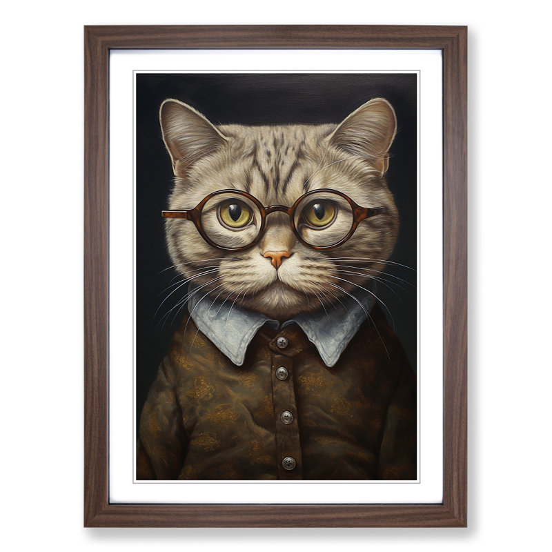 Cat With Glasses Painting - Single Picture Frame Print on Wood, 34cm H x 25cm W x 2cm D, Walnut Framed