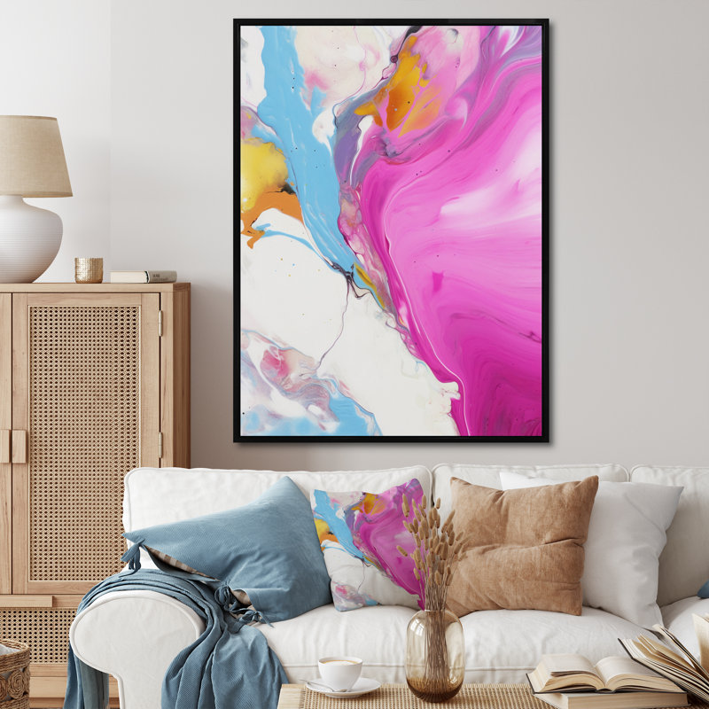Rose fuchsia et illusions fluides bleu clair II, H 32 po x l 24 po x P 1 po, Cadre flottant noir