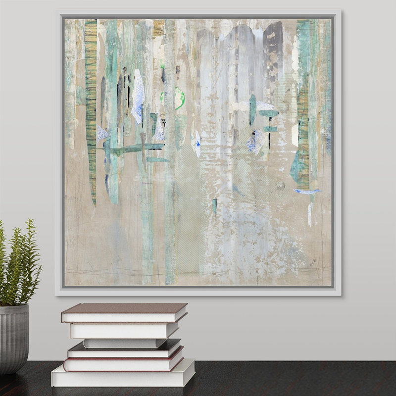 « cascade réflexions », peinture sur toile, Cadre flottant blanc, H 17,7 po x l 17,7 po x P 1,75 po