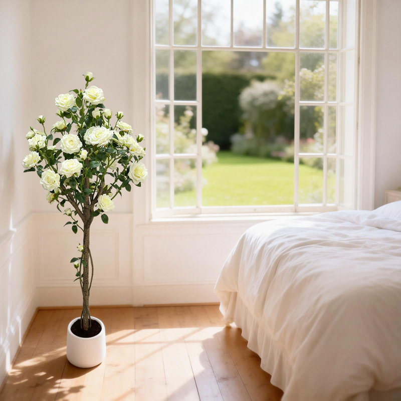 150 cm Lifelike Artificial Rose Tree – Realistic White Flowers, Thick Trunk, Decorative Faux Potted Topiary for Indoor/Outdoor Home & Office – Black Round Belly Pot
