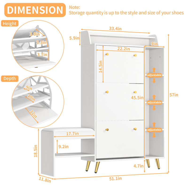 57" Modern Narrow Hidden Shoe Storage Cabinet Organizer With Bench For Entryway With 3 Flip Drawer, White